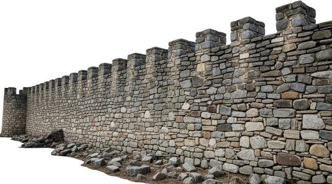 Ancient gray stone fortress wall featuring crenellations along the top edge and scattered rubble stones at the weathered base isolated on black Barrier Structure Masonry Historic Rock