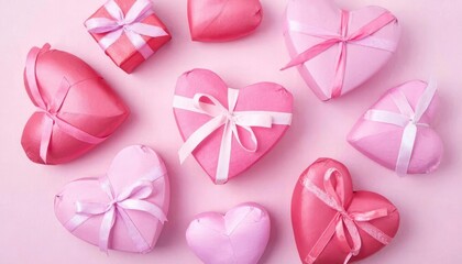 Romantic Valentine's Day Gifts. Two heart-shaped boxes tied with pink ribbons on a blurred pink background, symbolizing love and affection for Valentines Day. The concept represents celebration, gifti