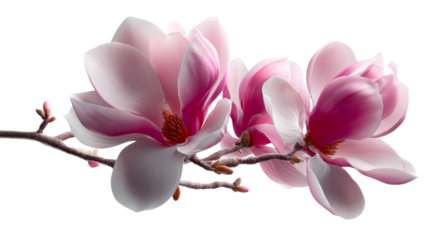 Fresh vibrant pink magnolia flowers on a budding branch represent natural beauty and new beginnings ideal for floral event invitations and elegant decor