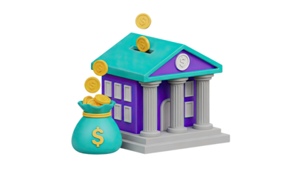 3D Cartoon Bank Building with Money Bag and Falling Coins