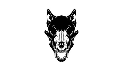 Black and white illustration of a wolf's head with sharp teeth on a white background.