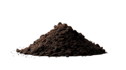 A large pile of rich dark brown granular material resembling fertile garden soil or fine ground coffee ideal for agriculture, cultivation, food preparation, or various industrial