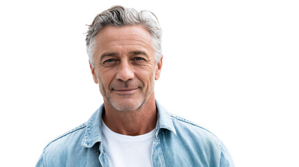 Confident senior man looking directly at the camera, wearing a denim shirt, exuding approachability and wisdom, perfect for healthcare, lifestyle, and financial advertising campaigns.