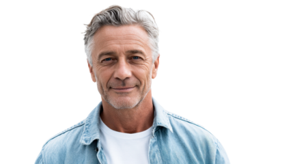 Confident senior man looking directly at the camera, wearing a denim shirt, exuding approachability and wisdom, perfect for healthcare, lifestyle, and financial advertising campaigns.
