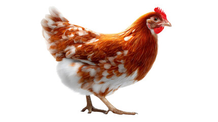 Fototapeta premium A magnificent brown and white feathered chicken stands gracefully in full profile, perfect for illustrating poultry farming, fresh food products, or farm animal education materials