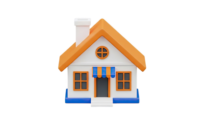 3D cartoon house with orange roof and blue trim