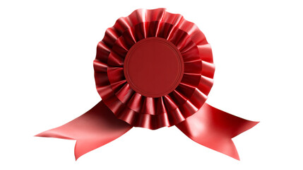 Rich crimson rosette with a polished finish and elegantly draped ribbons, ideal for signifying outstanding achievements, formal awards, significant recognition, or prestigious product