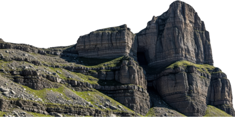 Massive stratified rock formation with horizontal layering and steep cliffs featuring small dark cave openings partially covered with green mountain vegetation and scattered scree Geology