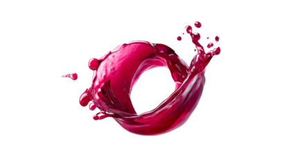 Dynamic splash of vibrant magenta liquid creating a fluid swirling motion with numerous droplets, perfect for beverage, cosmetic, or abstract motion graphic applications
