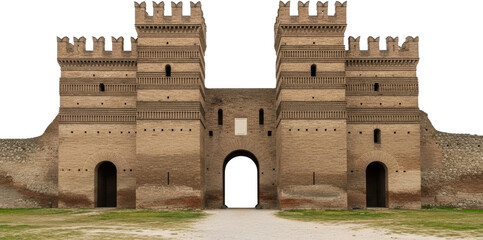 Imposing medieval brick castle city gate structure featuring two tall crenellated towers flanking a central arched entryway and adjacent weathered defensive walls Fortress Architecture