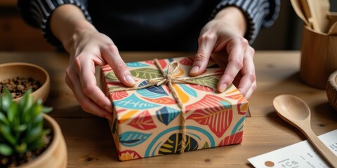 A person wraps a colorful gift box on a wooden table with plants nearby.