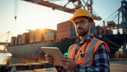 Port worker using a tablet with shipping containers in the background.