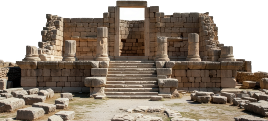 Ancient stone temple ruins featuring a central staircase leading to a doorway flanked by partially preserved classical columns and scattered blocks upon the dusty ground Architecture