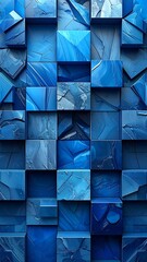 Abstract composition of blue blocks with varied surface textures, creating a geometric and layered appearance