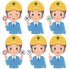 マルとバツなどの札を持った作業服を着てヘルメットを被った男性　上半身イラスト／Set of a man wearing work clothes and a safety helmet holding circle and cross signs, upper body illustration