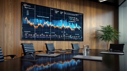 Modern Conference Room with Financial Data Displayed on Large Screen. - Powered by Adobe