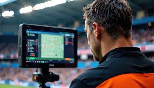 Referee using technology to analyze a soccer match during gameplay. - Powered by Adobe