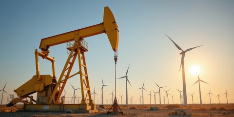 Oil pumpjack set against wind turbines and sunset in an energy landscape.