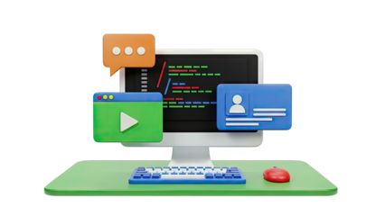 3D Illustration of a Computer with Coding and App Interfaces