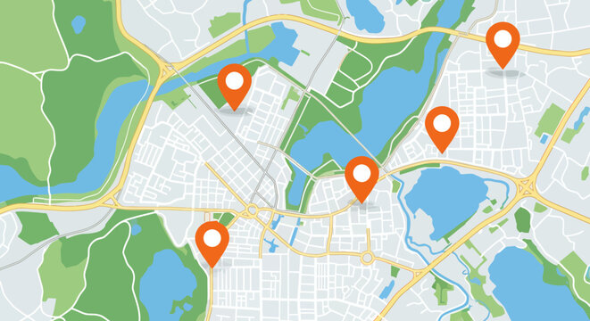 Illustration of a city map with multiple location markers and various green park areas.