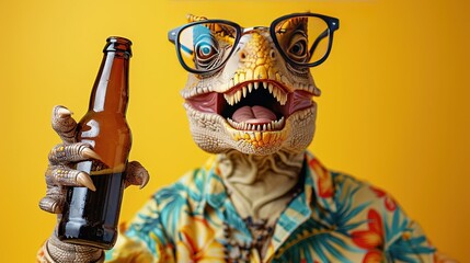Open mouthed dinosaur wearing Hawaiian shirt holding beer bottle on solid bright yellow background, playful whimsical character design with vivid bold tones, isolated fun creature illustration