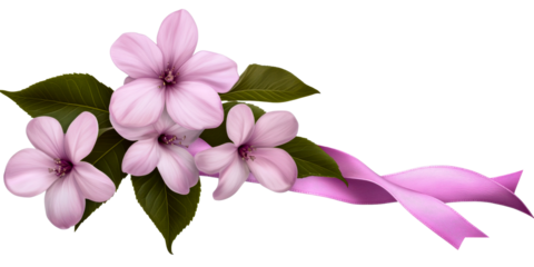 Elegant pink flower blossoms with vibrant green leaves and a flowing magenta ribbon creating a graceful decorative accent perfect for wedding invitations, greeting cards, and festive event