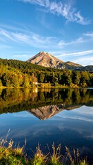 Mountain reflected in a calm lake with colorful autumn foliage under a blue sky with wispy clouds