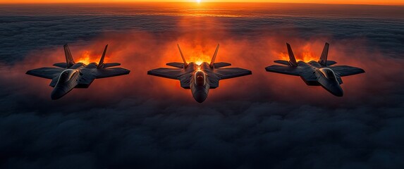Three fighter jets soar above the clouds at sunset, leaving trails of fire and smoke, creating a dramatic and powerful aerial scene.