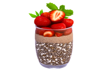 Nourishing layered chia pudding with creamy chocolate mousse and vibrant red strawberries, garnished with fresh mint, serving as a delightful healthy breakfast or dessert option.