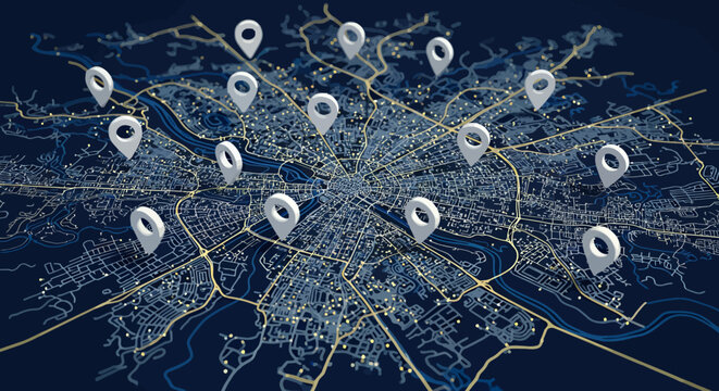 Digital city map with multiple location markers representing navigation and urban planning concepts.