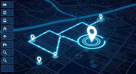 Digital navigation map interface showing route and location markers on a city grid background.