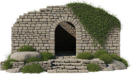 Ancient stone wall section featuring a weathered arched doorway rough cut stone steps leading inside and vibrant green ivy dramatically draping the structure's upper right side Archway