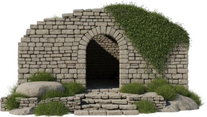 Ancient stone wall section featuring a weathered arched doorway rough cut stone steps leading inside and vibrant green ivy dramatically draping the structure's upper right side Archway