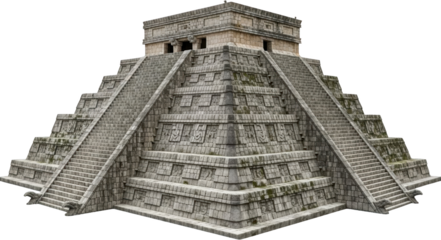 Ancient Maya stone pyramid structure featuring four steep stairways ascending to a temple top exhibiting weathered carving details and moss growth on the tiers Architecture Monument