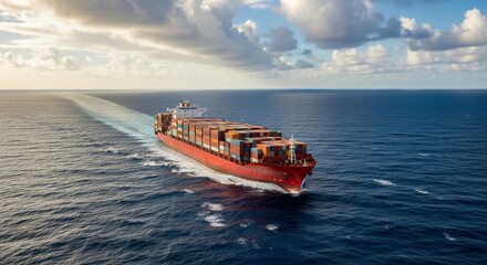 Maritime Logistics: An aerial view showcases a colossal container ship gliding through the vast ocean under a partly cloudy sky, symbolizing global trade and maritime logistics. 