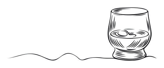 Stylish hand drawn line art graphic of a spirits tasting glass with liquid, ideal for beverage menus, event invitations, or drink related promotional materials and presentations.