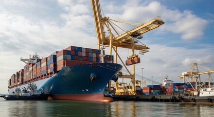 Fototapeta premium Ocean Port: a huge cargo ship, laden with containers, is moored at a commercial port, crane. This image embodies global trade, illustrating the vital link between manufacturing and customers.