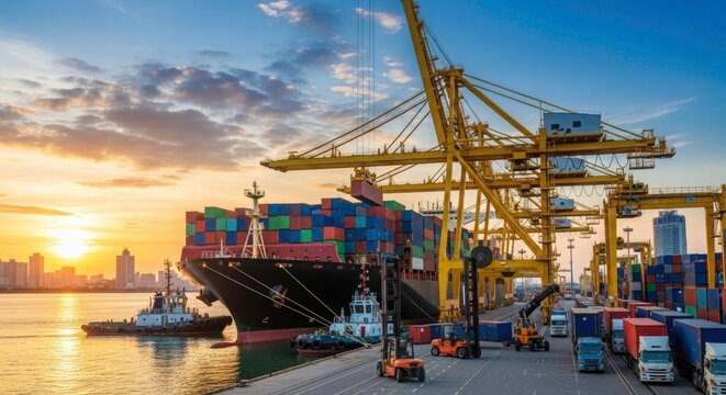 Global Commerce Symphony: A bustling harbor at sunset, showcasing a massive cargo ship being loaded by towering cranes, a dynamic interplay of logistics and global trade.