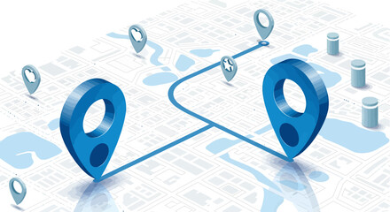 Digital map with blue location markers and route path for navigation concept.