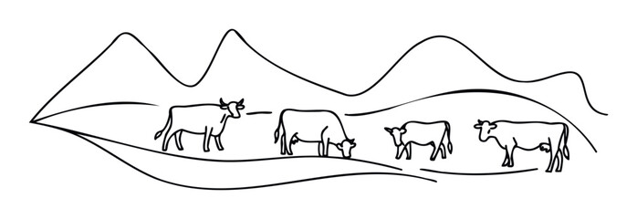 Simple continuous line drawing depicting four grazing cows wandering across a serene hilly landscape, suitable for agriculture publications or food industry promotions.