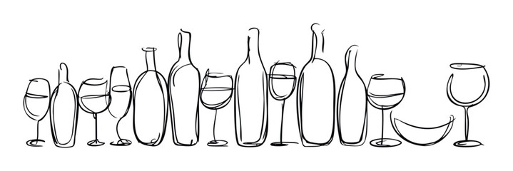 Stylized doodle line drawing of assorted wine bottles and stemware perfect for adding a sophisticated beverage theme to hospitality marketing materials