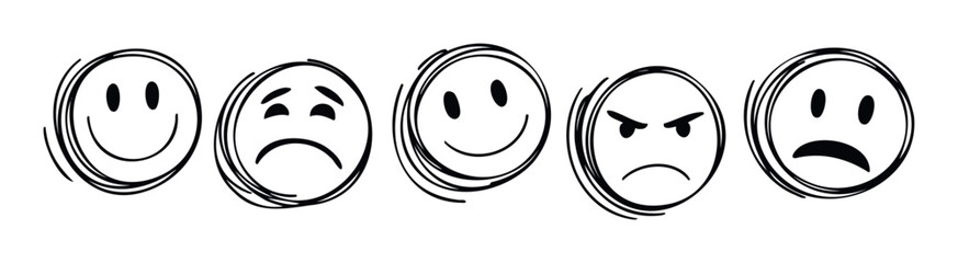 Fototapeta premium Hand drawn black line emoticons depicting various human emotions from happy to angry and sad, useful for user interface design, communication applications, and mood tracking systems