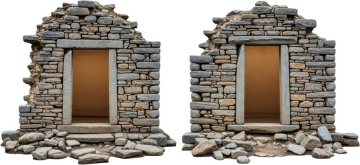 Twin ancient stone doorways showing detailed dry stacked rock walls weathered lintels door jambs and threshold steps amidst scattered rubble base structures 193 characters Ancient architecture