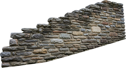 Rough textured fieldstone retaining wall ascends diagonally across the frame featuring irregularly shaped gray and brown stacked masonry blocks with visible mortar joints Rock Construction