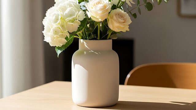 Soft white flowers in vase display on wooden table in sunlit room