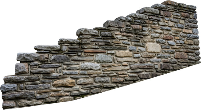 Rough textured fieldstone retaining wall ascends diagonally across the frame featuring irregularly shaped gray and brown stacked masonry blocks with visible mortar joints Rock Construction