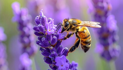Fototapeta premium A close-up macro shot of a bee collecting nectar from a lavender flower, showcasing intricate details