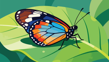 Obraz premium Vibrant butterfly with colorful wings rests on a large green leaf