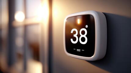 Smart thermostat displaying temperature reading of 38 degrees Celsius on a modern wall, showcasing advanced home automation technology and design