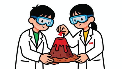Fototapeta premium Children in lab coats and goggles conduct a volcanic experiment